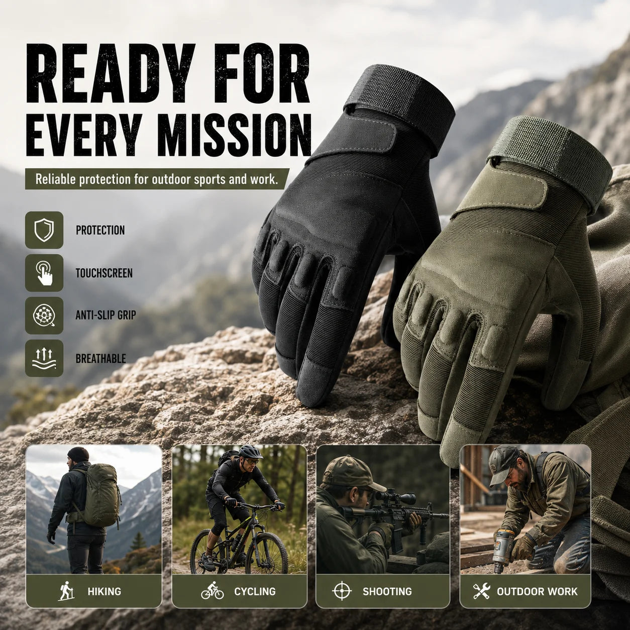 Guanti tattici touchscreen antiscivolo traspiranti per uso militare, lavoro all'aperto, moto, escursionismo, guanti protettivi per tutte le dita
