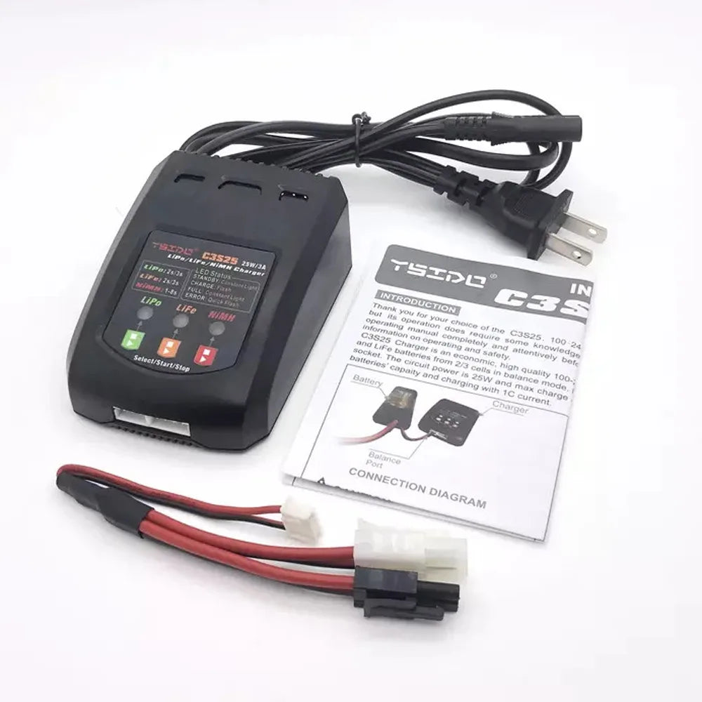 C3S25 25W/3A Mini caricatore dell'equilibrio di ricarica spina ue/usa per RC 7.4V-11.1V 2-3s Lipo NiMh caricabatteria da auto giocattolo con telecomando a batteria