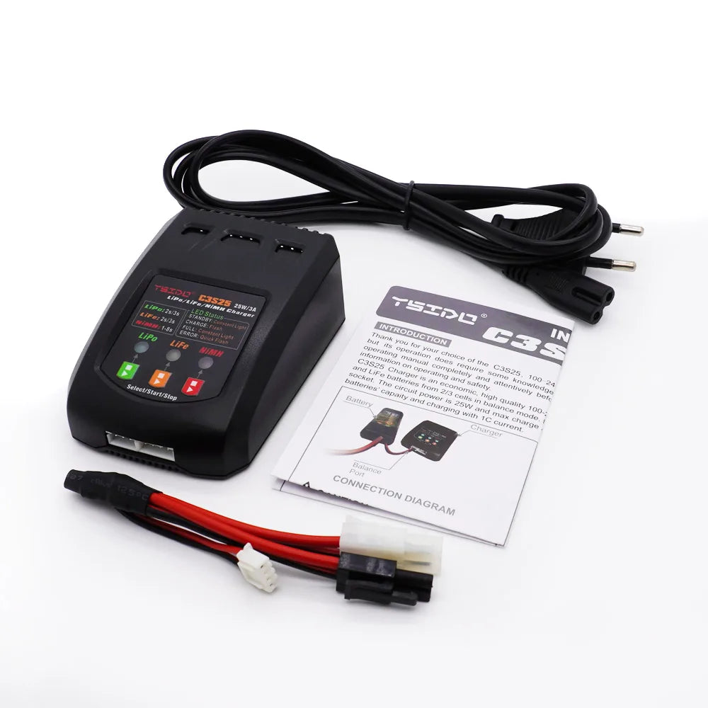 C3S25 25W/3A Mini caricatore dell'equilibrio di ricarica spina ue/usa per RC 7.4V-11.1V 2-3s Lipo NiMh caricabatteria da auto giocattolo con telecomando a batteria