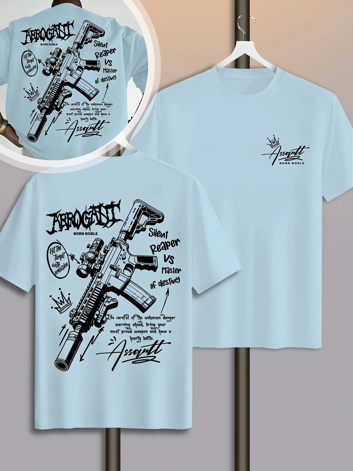T-shirt da uomo in cotone 100% premium con stampa graffiti con schizzi di fucili tattici, perfetta per lo streetwear estivo e audace