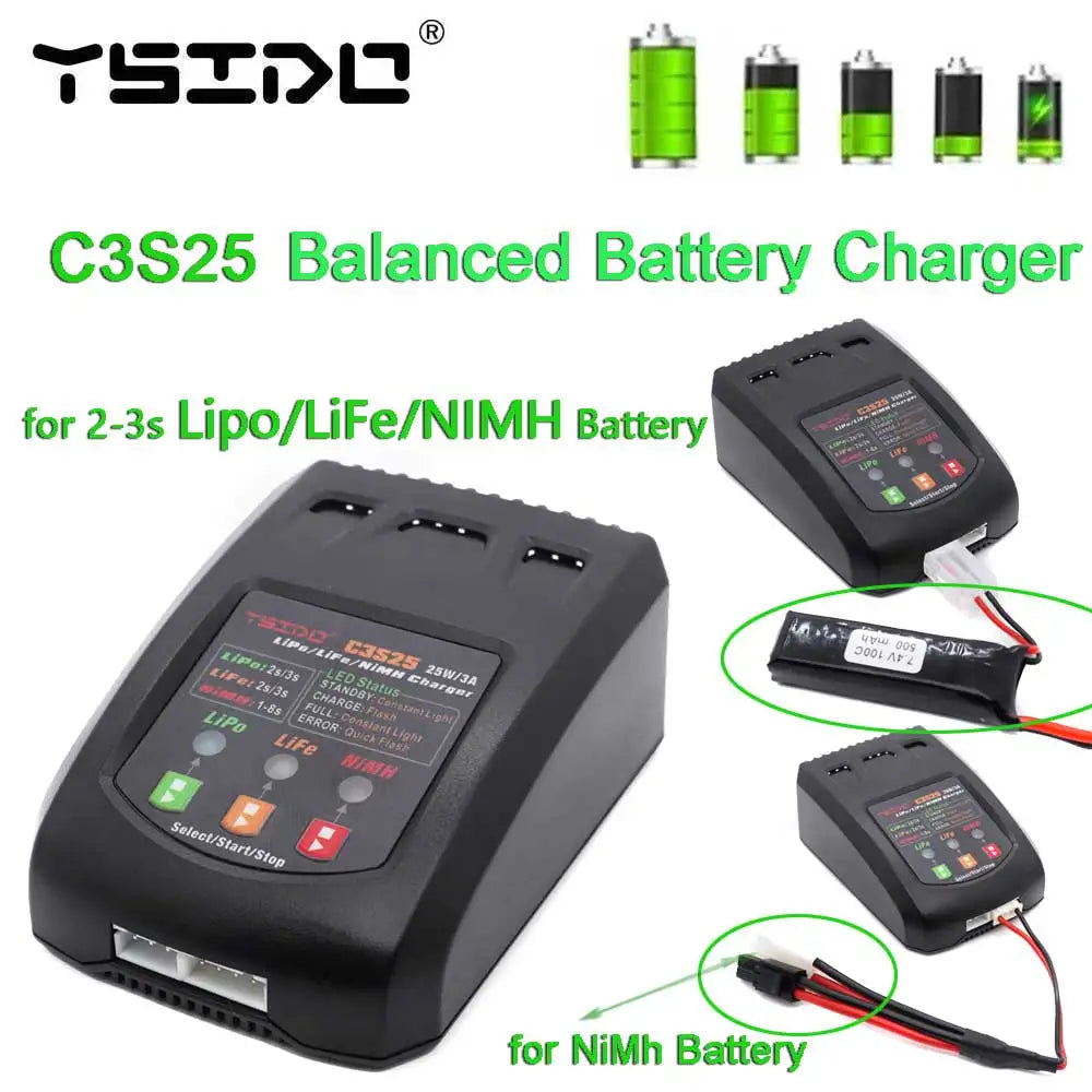 C3S25 25W/3A Mini caricatore dell'equilibrio di ricarica spina ue/usa per RC 7.4V-11.1V 2-3s Lipo NiMh caricabatteria da auto giocattolo con telecomando a batteria