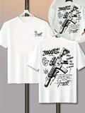 T-shirt da uomo in cotone 100% premium con stampa graffiti con schizzi di fucili tattici, perfetta per lo streetwear estivo e audace