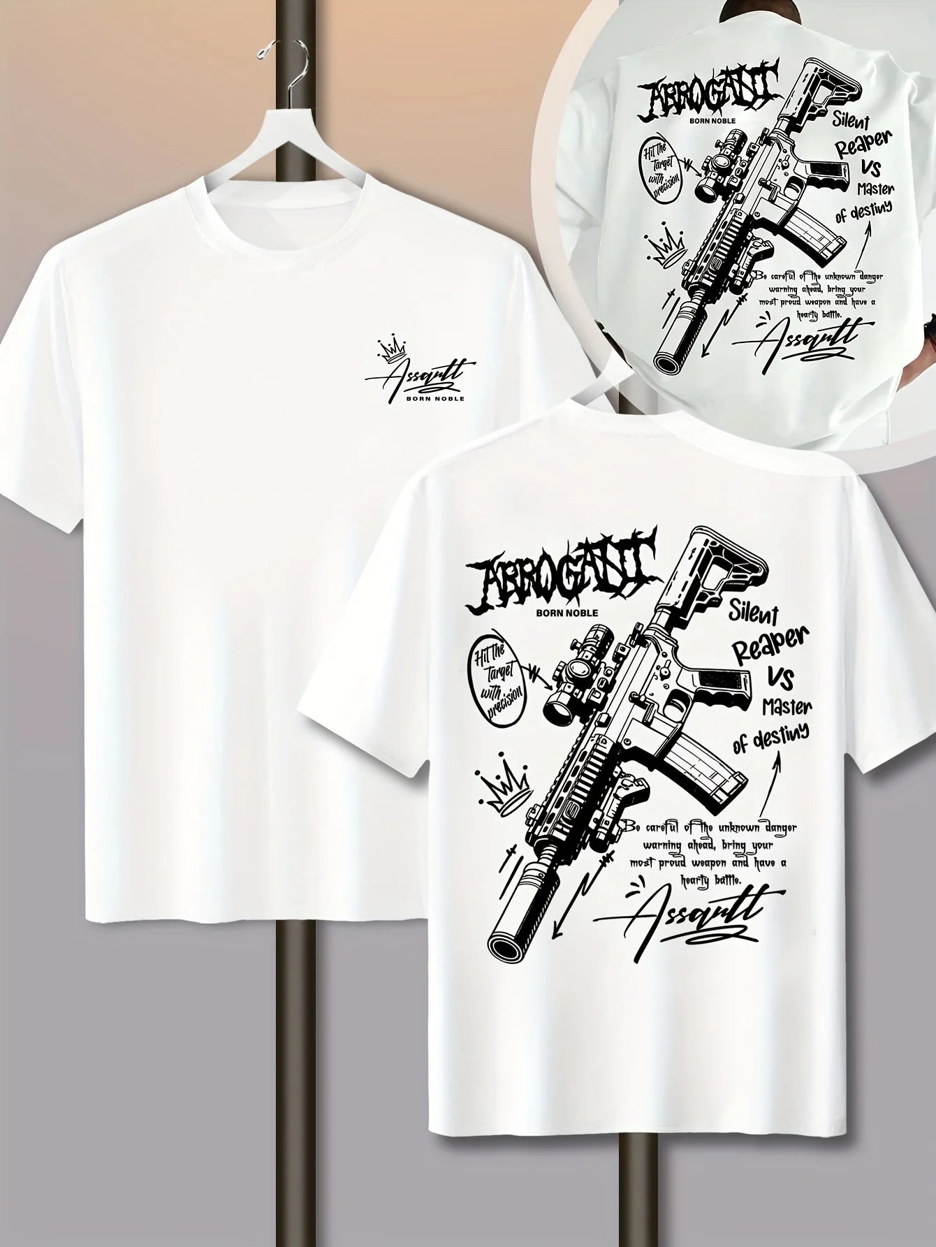 T-shirt da uomo in cotone 100% premium con stampa graffiti con schizzi di fucili tattici, perfetta per lo streetwear estivo e audace