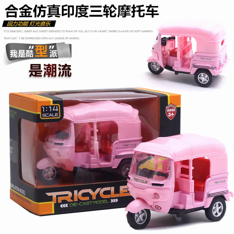Triciclo giocattolo in lega 1:14; modello di auto realistico in lega per bambini; macchinina giocattolo a molla per bambini; piccolo ornamento