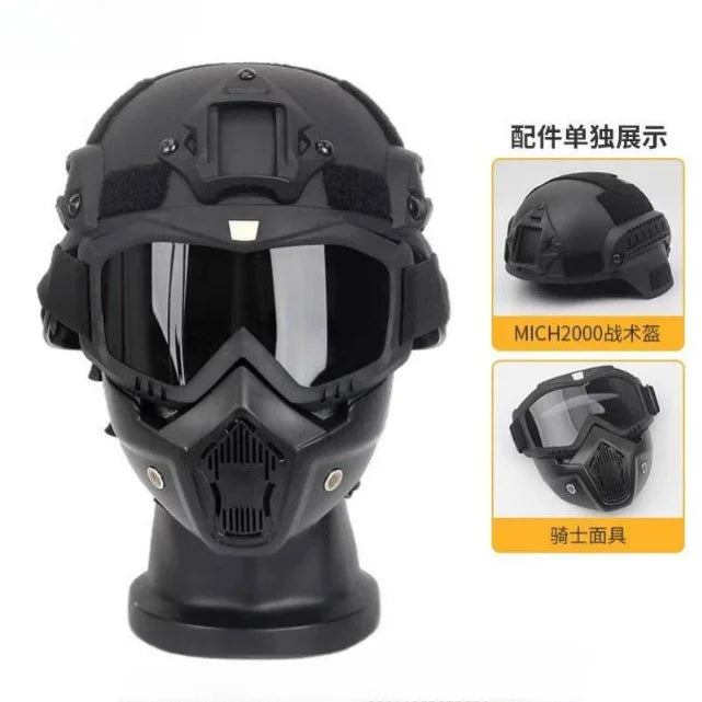 Set di caschi militari tattici: casco da combattimento integrale con maschera e occhiali, resistente per softair, allenamento e appassionati all'aperto