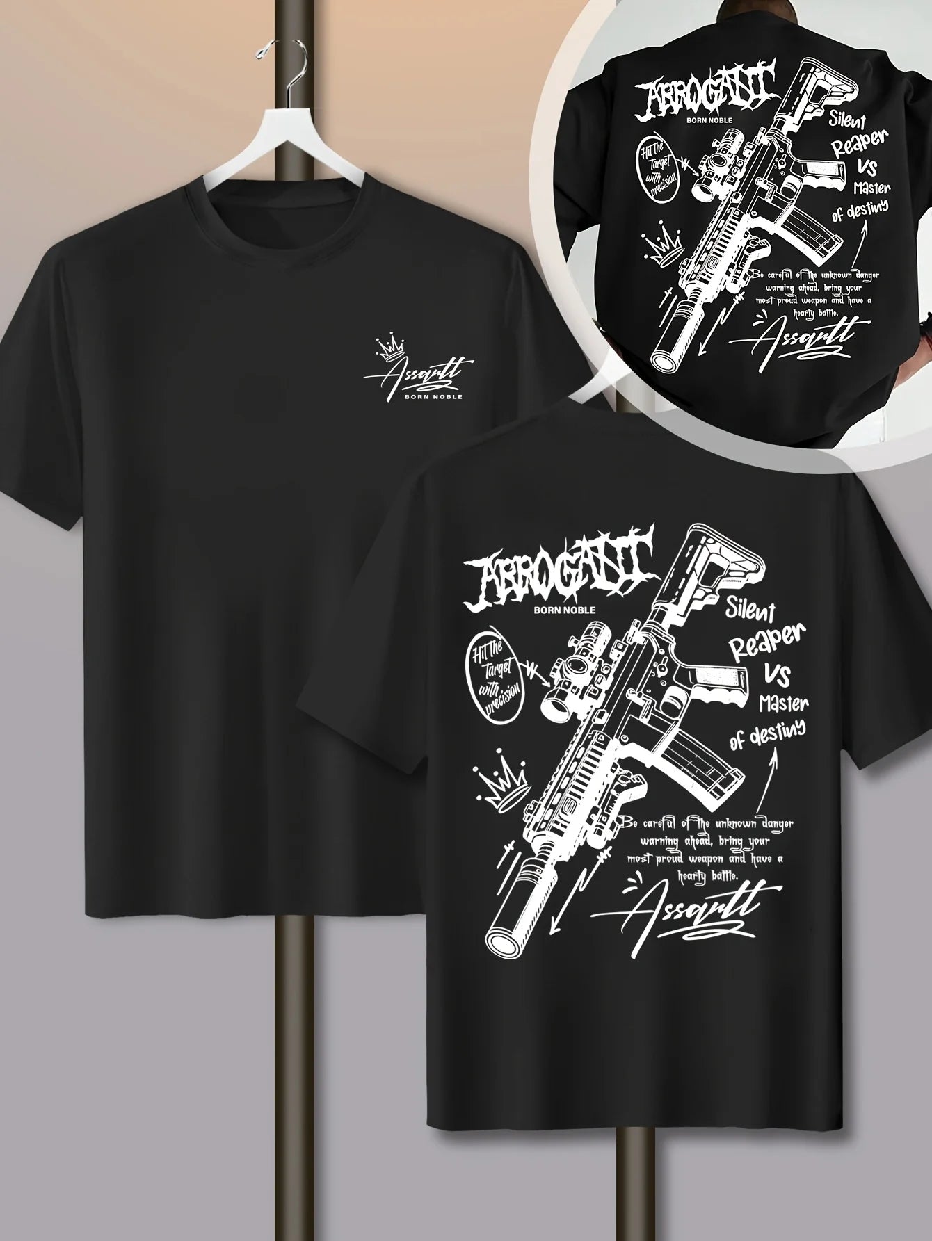 T-shirt da uomo in cotone 100% premium con stampa graffiti con schizzi di fucili tattici, perfetta per lo streetwear estivo e audace