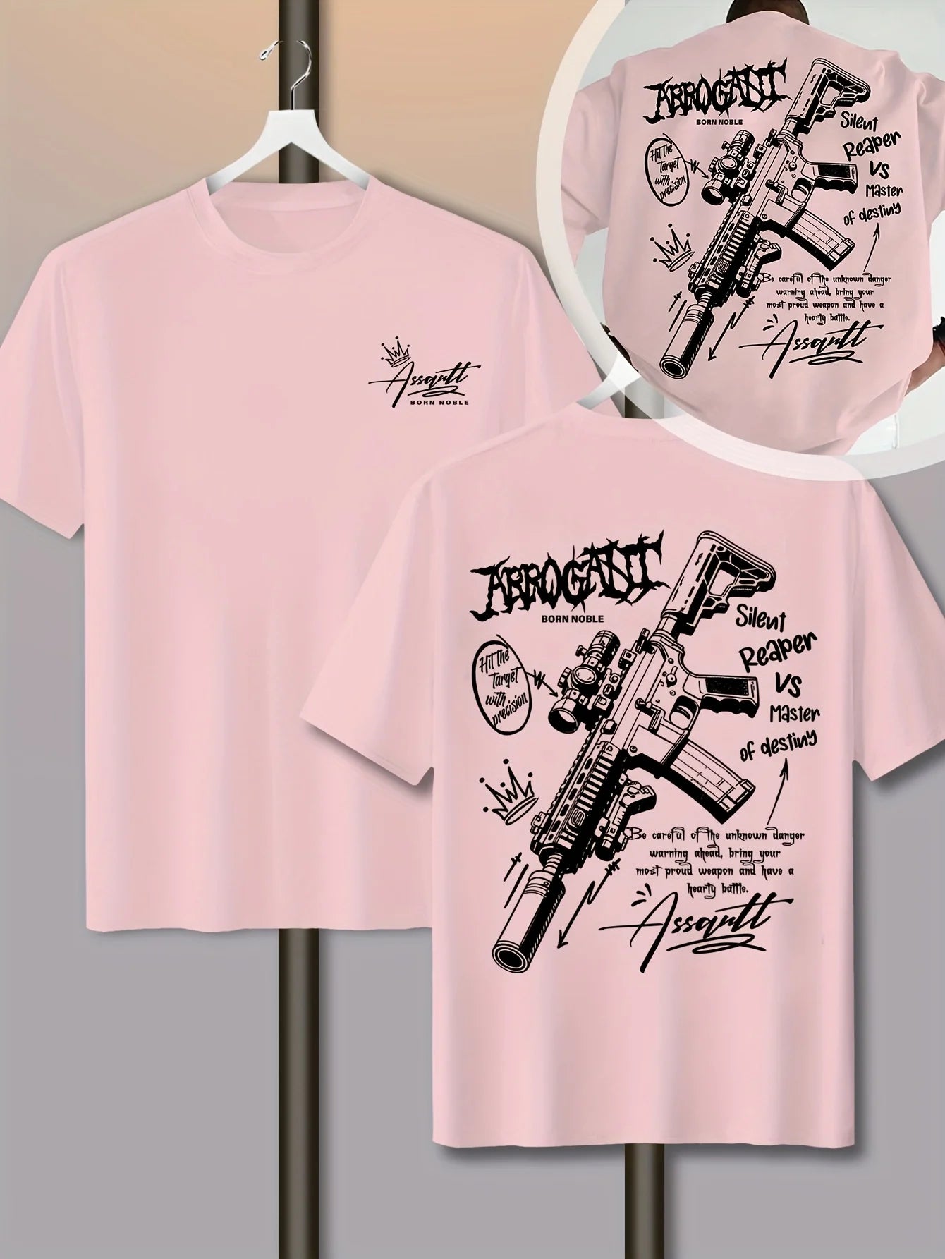T-shirt da uomo in cotone 100% premium con stampa graffiti con schizzi di fucili tattici, perfetta per lo streetwear estivo e audace
